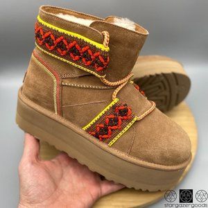 UGG Boots Womens 8 Brown Wool Shearling Mini II Braid Platform Chestnut 1138492